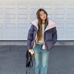 Women's High Collar Warm Cotton-padded Coat With Contrast Color Design