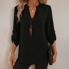 Womens Casual Summer Shirts Notch V Neck Blouses 3 4 Roll Sleeve Tunics Tops