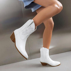 Mirror Patent Leather Embroidery Knee Boots Pointed Mid-calf Embroidery Chunky Heel