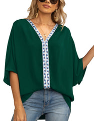 Summer Women's Bat Sleeve Chiffon V-neck Shirt