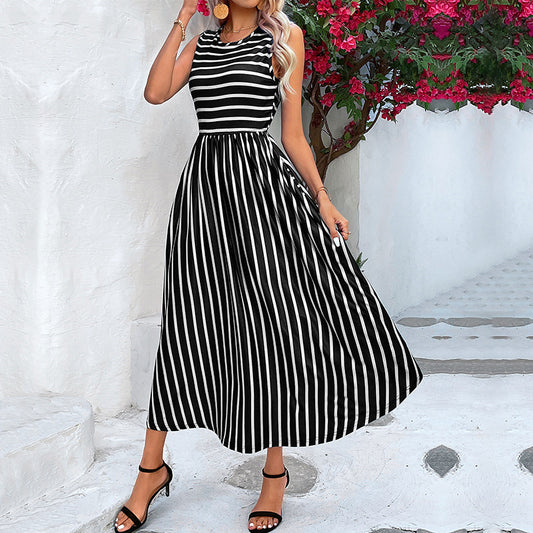 Summer Round Neck European And American Striped Sleeveless Dress