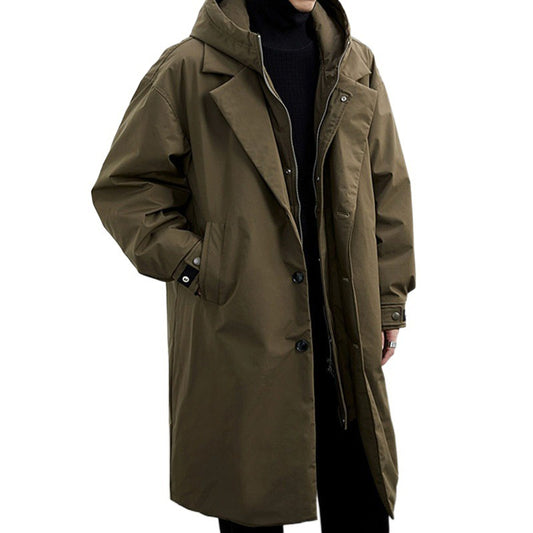 Coat Men's False Two Pieces Hooded Mid-length Trench Coat