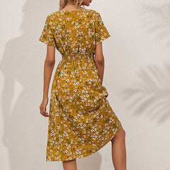 Women's V-Neck Floral Print Dress - A-Line Waisted Summer Maxi Dress