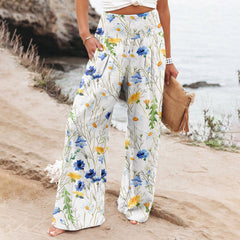 Women's Casual Wide-leg Cotton And Linen Printed Loose Trousers