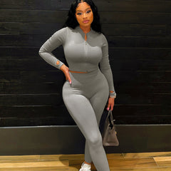 Women's Clothing New Stand Collar Long-sleeve Zipper Top High Waist Slim Fit Skinny Trousers Suit For Women