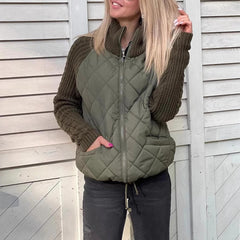 Winter Stand Collar Cotton Jacket With Pockets Fashion Knitted Stitching Zipper Coat Warm Tops For Women Clothing
