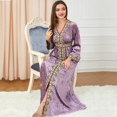 Loose Slim V-neck High-end Women's Long-sleeved Canary Velvet Dress