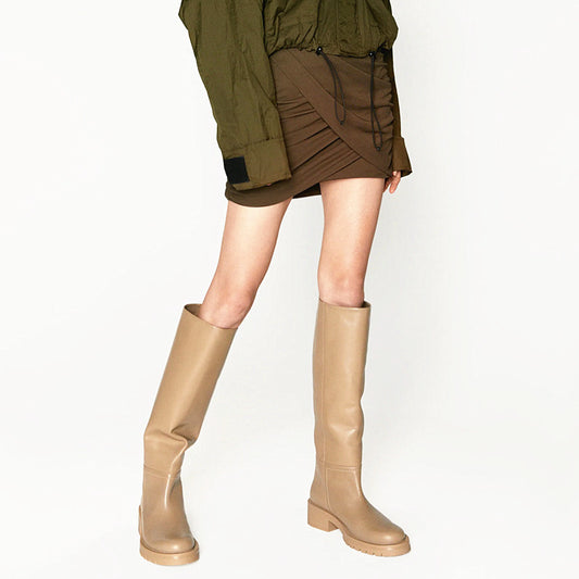 Leather Flat Round Toe Sand Brown Below The Knee Leg Boots