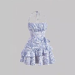 Dress Floral Flounce Halter Lace-up Sexy Waist Trimming