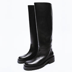 Leather Flat Round Toe Sand Brown Below The Knee Leg Boots