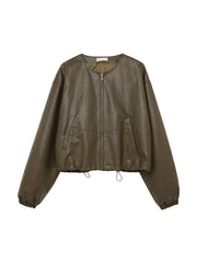 Autumn Drawstring Simple  Leather Jacket Top Fashionable Clothing