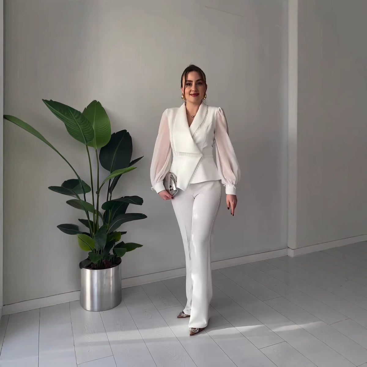V-neck Stylish Temperament Long Sleeves Solid Color Suit Two-piece Set