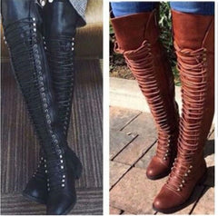 Women's Retro Pu Cross Strap Block Heel Knee Boots – view 5