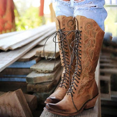 Medium thick heel lace mid-tube boots women boots