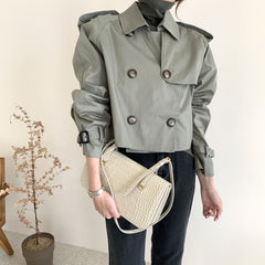 Korean Ins Autumn Retro Lapels Design Double Breasted Loose All-match Long Sleeve Short Trench Coat