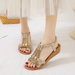 Casual Wedges Sandals With Rhinestone Summer Plus-size Peep-toe Roman Shoes