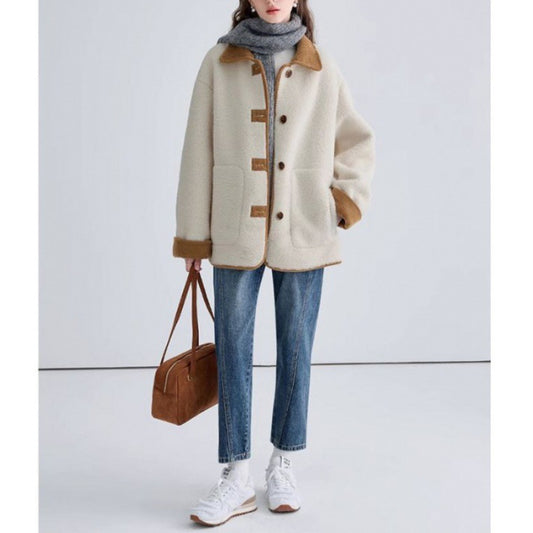 Corduroy Color Contrast Patchwork Coat