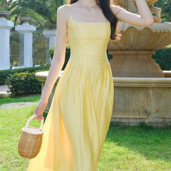 Yellow Suspender Dress Waist Section With Stripes