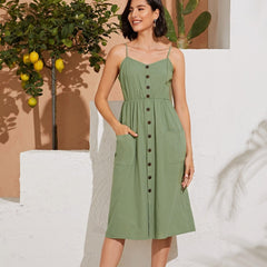 Strap Button Backless Dress Women