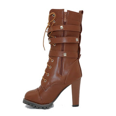 Comfort Side Zip Studs Thick Heel Mid Boots High Heel Lace  Boots