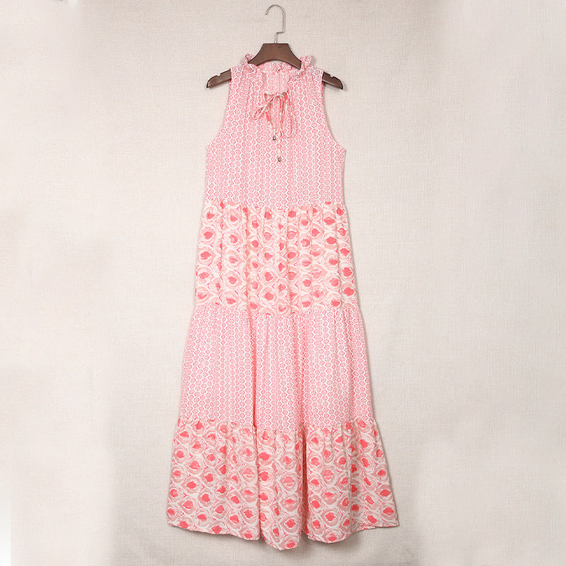 Summer Sleeveless Maxi Dress New Backless Geometric Pattern Patchwork Printed Dress
