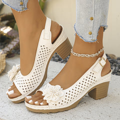 Plus Size Flower Casual Buckle Solid Color  Heel Sandals