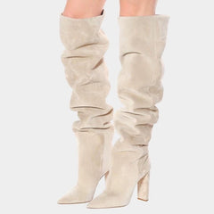 Women's Matte Over The Knee Thick Heel heeled Pleated Boots