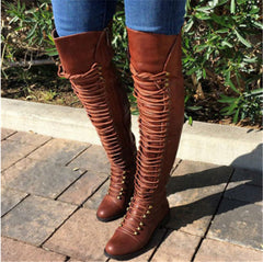 Women's Retro Pu Cross Strap Block Heel Knee Boots – view 4