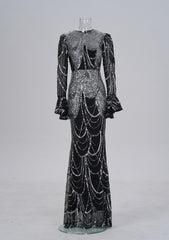Long Sleeve Round Neck Slim-fit Sheath Sequined Banquet Fishtail Evening Dress
