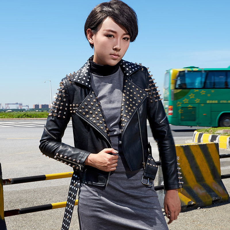 Women's punk rivet motorcycle faux leather jacket - view 2