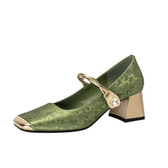 Embossed Silk Kitten Heels Matching Square Head With Thick