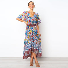 Bohemian Floral Beach Print Flared Sleeve Dress Women