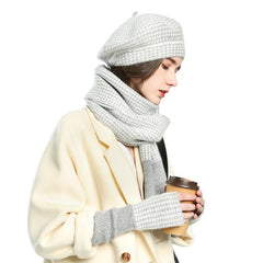 Female Plaid Painter Warm Hat Scarf Gloves Three-piece Suit