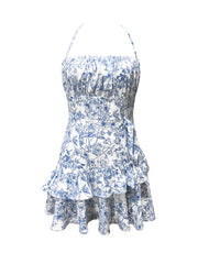 Dress Floral Flounce Halter Lace-up Sexy Waist Trimming