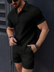Leisure Breathable Beach Two Piece Suits Mens Summer Casual Short Sleeve Shirt And Shorts Men Outfits Vintage Textured Solid Set