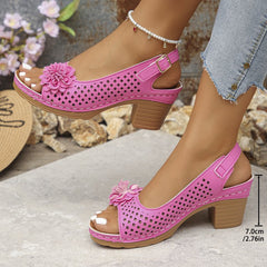 Plus Size Flower Casual Buckle Solid Color  Heel Sandals