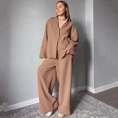 Shirt Pajamas Loose Double-layer Gauze Long Sleeve Trousers Suit Outer Wear Ladies' Homewear