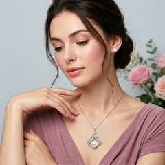 Sea Pearl Chevron Pendant Necklace & Earring Set – Silver-Tone CZ Jewelry