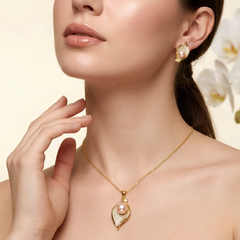 Natural Sea Pearl Leaf Necklace & Earring Set – Gold-Tone Bridal Jewelry