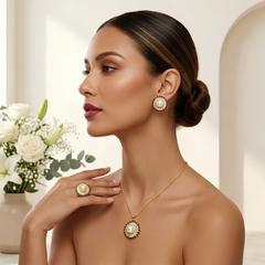 Sea Pearl Sunburst Jewelry Set – Gold-Tone Necklace, Earrings & Ring