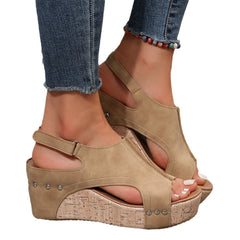 Ladies New Wedge Peep Toe Rivet Sandals