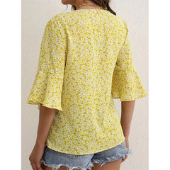 Womens Summer Floral Print Blouses V-Neck Flare Sleeve Tops Dressy Casual T-Shirts