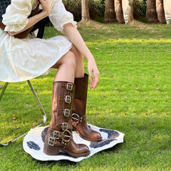 Female Genuine Leather Retro Metal Leather Ring Knee Boots