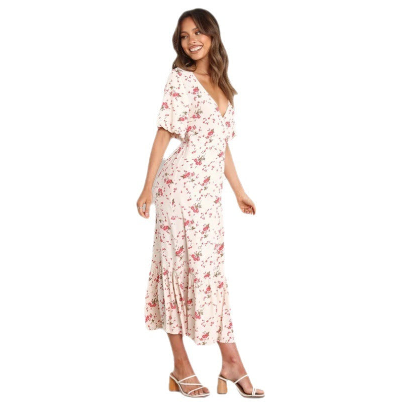 New Sexy Deep V Short Sleeve Printed Pleated Dress