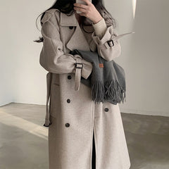 Double Breasted Lace-up Waist-controlled Slimming Mid-length Woolen Coat