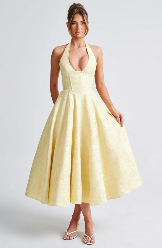 V-neck Halter Sleeveless Jacquard Lace-up Waist Vacation Style Long Senior Dress