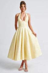 V-neck Halter Sleeveless Jacquard Lace-up Waist Vacation Style Long Senior Dress