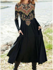 Popular Floral Print Pocket Round Neck Dress