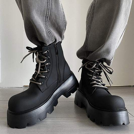 Height Increasing Lace-up Motorcycle Leather Boots