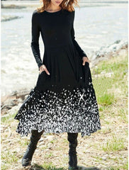 Popular Floral Print Pocket Round Neck Dress
